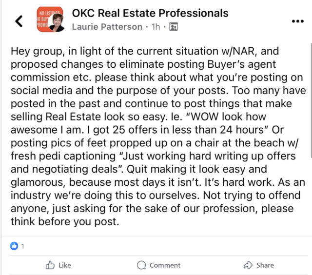 Image of a social media post from Laurie Patterson of OKC who laments about RE agent social media posts.